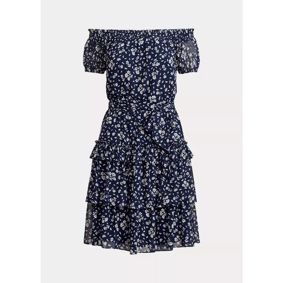 Lauren Ralph Lauren Floral Crinkled Georgette Dress - Blue Cream 16 - Picture 2 of 9